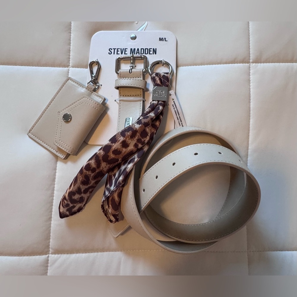 Steve Madden Cream Belt Set with Animal Print Scarf M/L